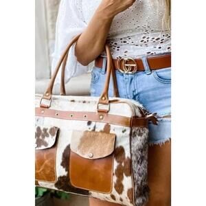 Weekender Duffle Leather Hair On Cowhide Duffel Travel Bag Tan and White